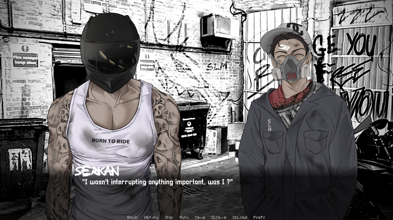 Big Bad Dogs screenshot of the helmeted biker facing Seakan in an alley